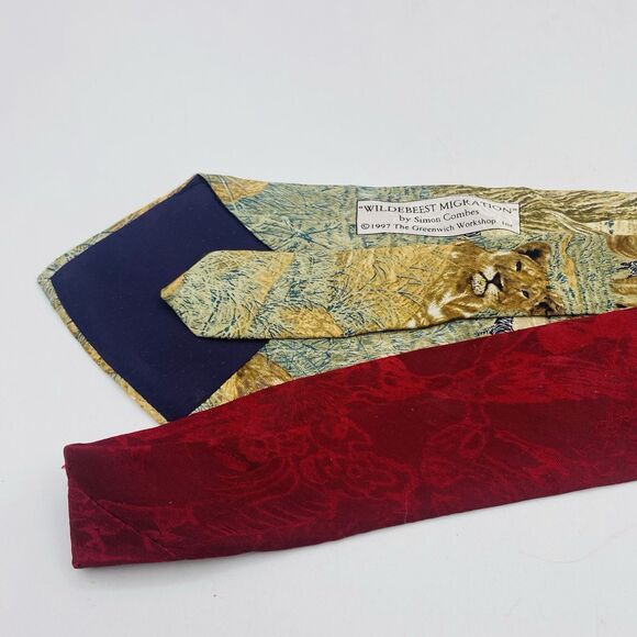 Vintage 1995 Endangered Species Men's Tie Lions & Zebras Simon Combs 100% Silk - Picture 3 of 6